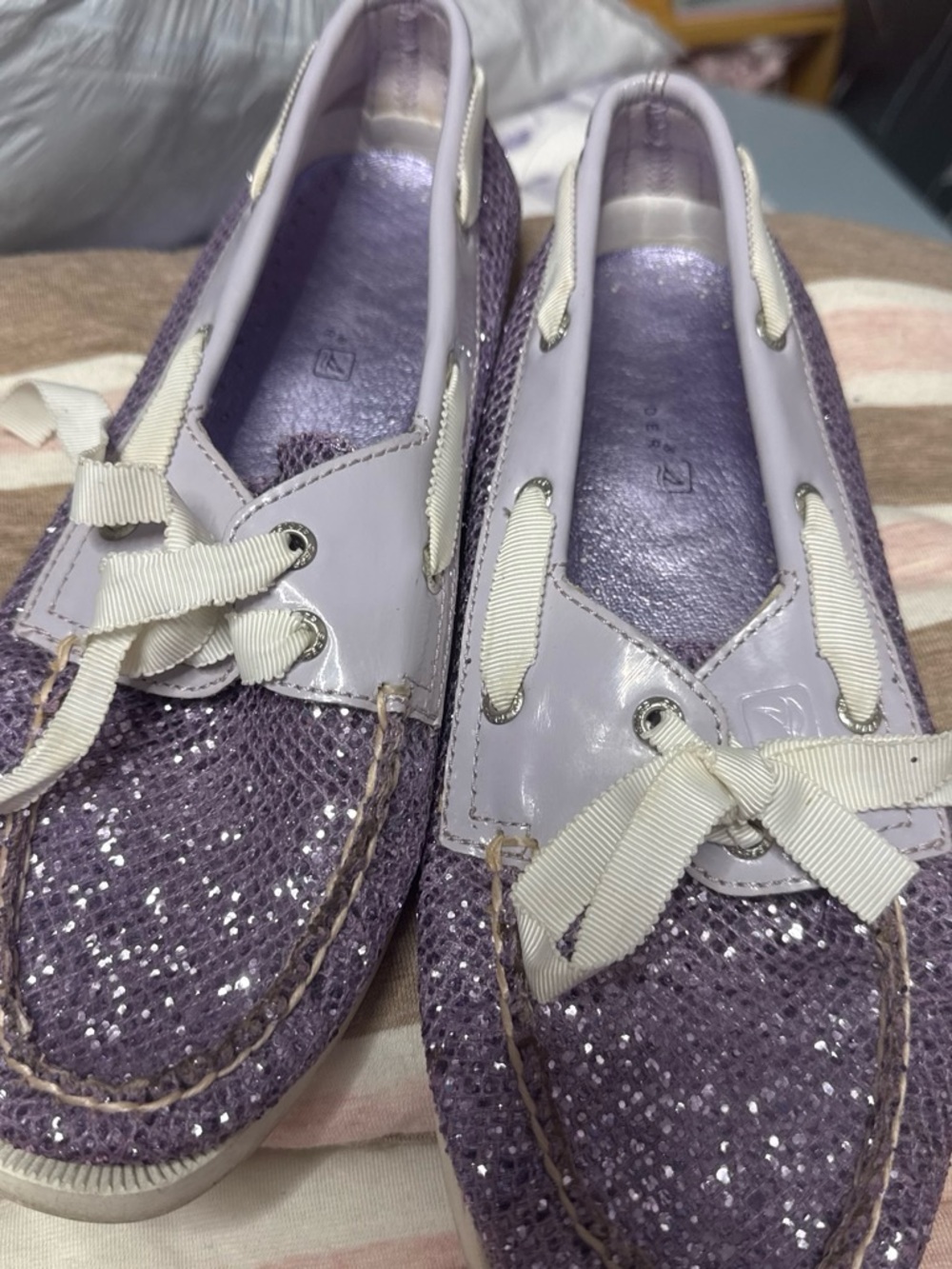 Sperry Lavender Glitter Boat Shoes with Cream Laces